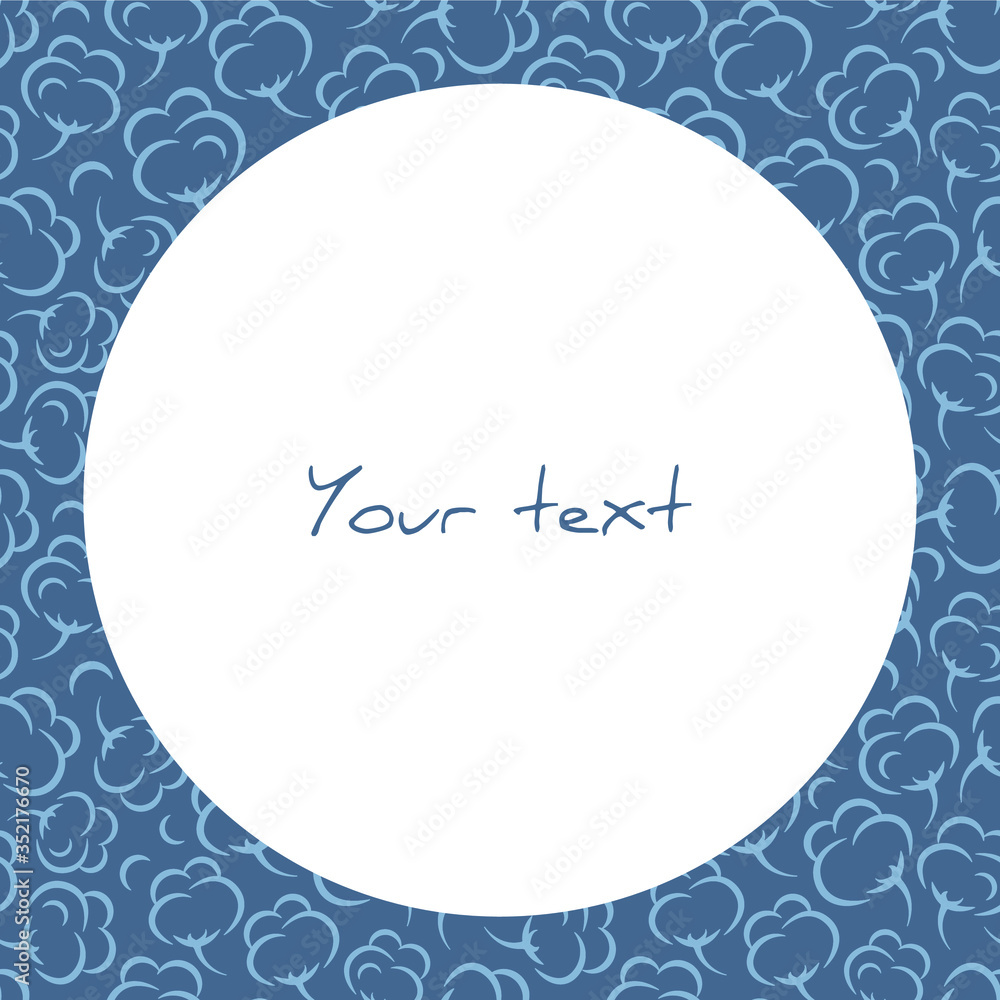 Vector frame with cotton bolls on blue background; for greeting cards, invitations, packaging, posters, banners, web design.