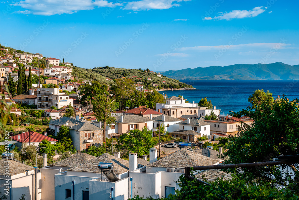 Afissos / Greece - May 23 2020: View of the village.  It is a small and lovely summer resort on the southern side of Mount Pelion, built amphitheatrically with view to the Pagasetic gulf.