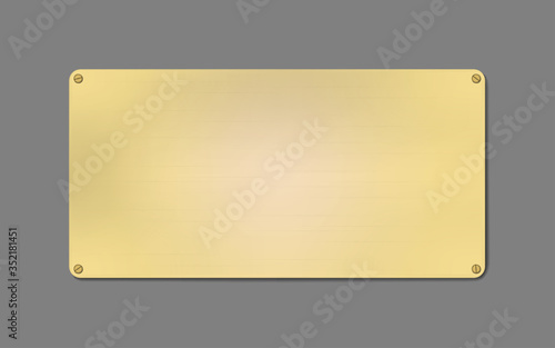 Blank golden metal plate with screws, vector illustration. Empty gold color metallic signboard - template for design