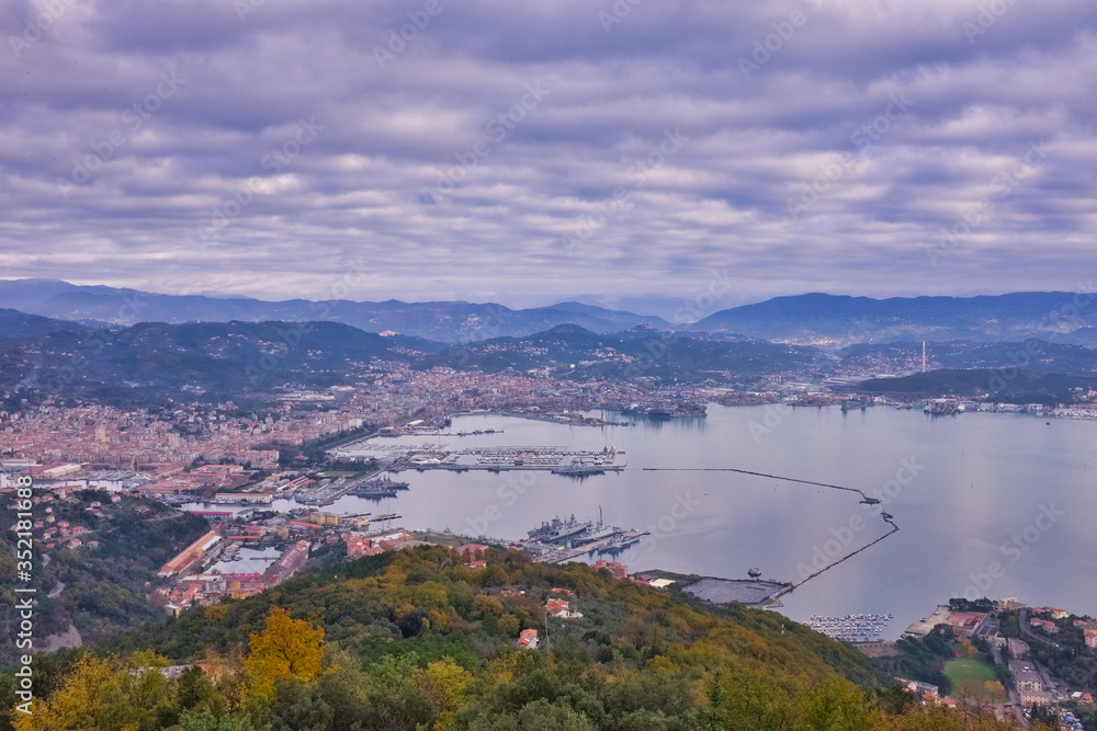 Panorama of the port and the city of La Spezia from Campiglia Tramonti Liguria Italy