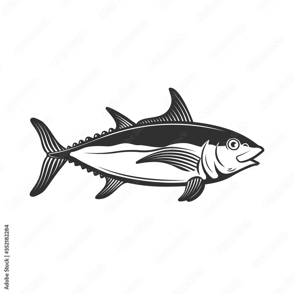 Fototapeta premium Illustration of tuna fish in engraving style. Design element for logo, label, emblem, sign, badge. Vector illustration