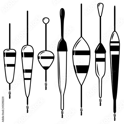 Set of illustrations of fishing floats. Design element for logo, label, emblem, sign, badge. Vector illustration