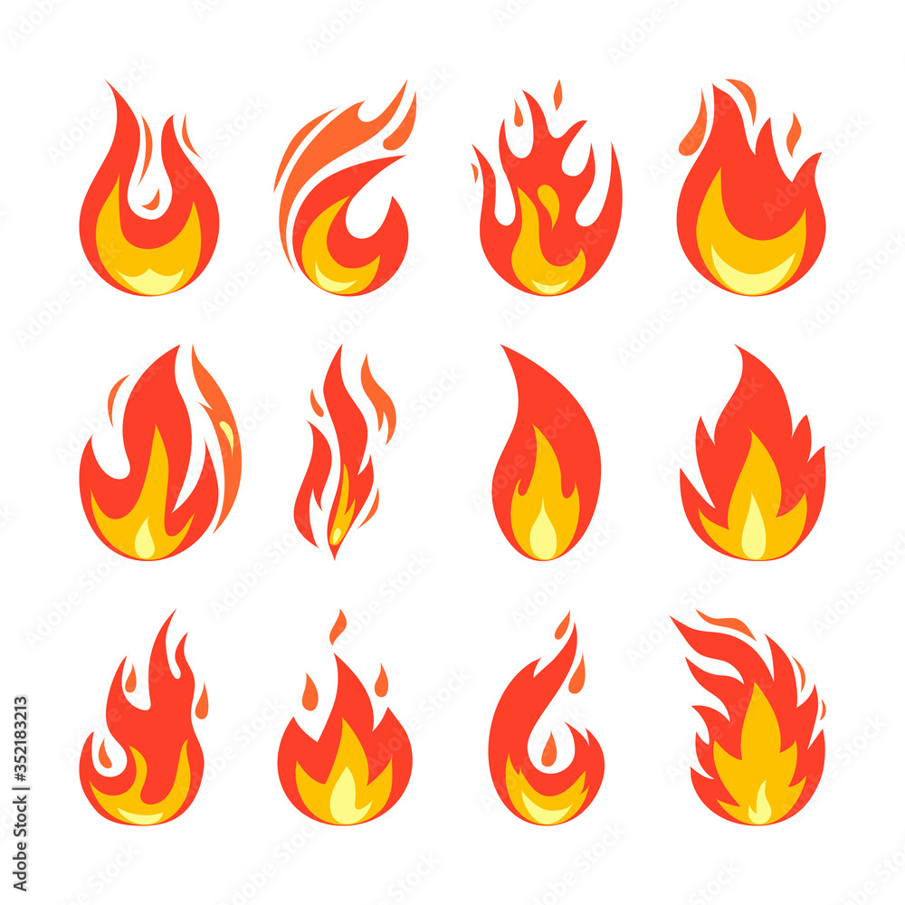Fire icons set. Simple illustration of fire in flat style. Isolated on white. Collection of hot cartoon light effect elements for web, game, design, app. Vector illustration Fire icons set. Simple illustration of fire in flat style. Isolated on white. Collection of hot cartoon light effect elements for web, game, design, app. Vector illustration