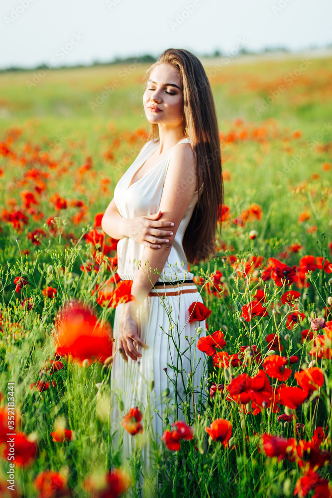 Beautiful young girl in poppy fields at sunset. Beautiful young girl in poppy fields at sunset.