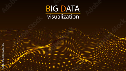 Big data visualization. Digital wave of particles. Technology background of many glowing particles. Artificial intelligence. Futuristic yellow dots background.