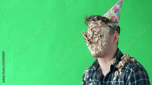 Wallpaper Mural Throw birthday cake at mans face, he smiles and laughs in slow motion Torontodigital.ca