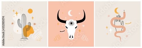 Vector illustration set with cactus, snake and cow or bull skull. Trendy apparel print collection with stars, planets and abstract elements. Colored decoration poster graphic designs