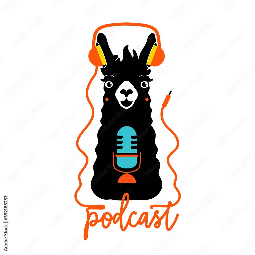 Cute funny llama in red headphones with blue microphone in fashionable flat  style logo design. Emblem application template with lettering word Podcast  and animal. Online radio typography poster Stock Vector | Adobe
