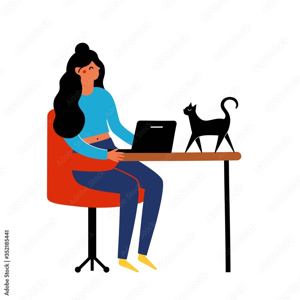 Woman sitting in red chair and working online at home with black cat walking on table. Woman sitting in red chair and working online at home with black cat walking on table.