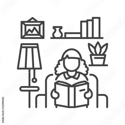 Faceless girl sitting on armchair and reading book black line icon. Home interior. Indoor view of living room with elements decor. Vector isolated illustration. Editable stroke.