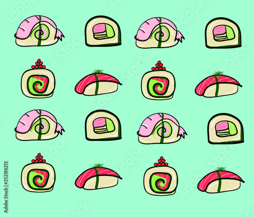 Vector illustration of sushi with different fillings shrimp and salmon. Sushi set vector doodling background.