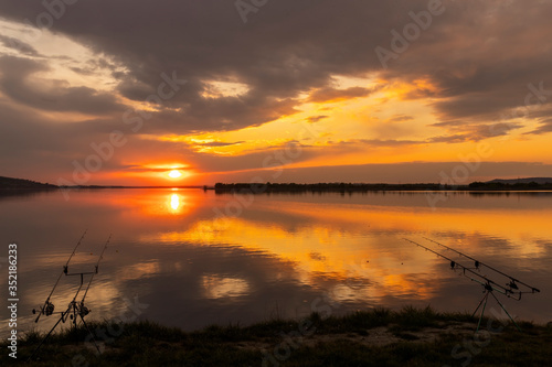 Sunset over Nove Mlyny lake in Palava region, Southern Moravia, Czech Republic photo