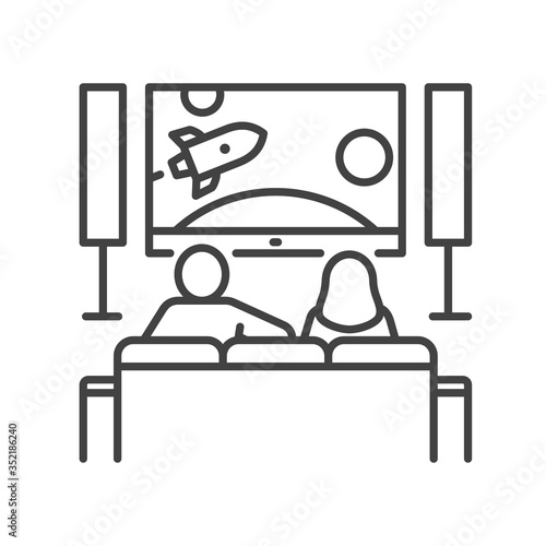 Young couple sitting on sofa and watching TV black line icon. Indoor view of living room with furniture. Home leisure. Vector isolated illustration. Editable stroke.