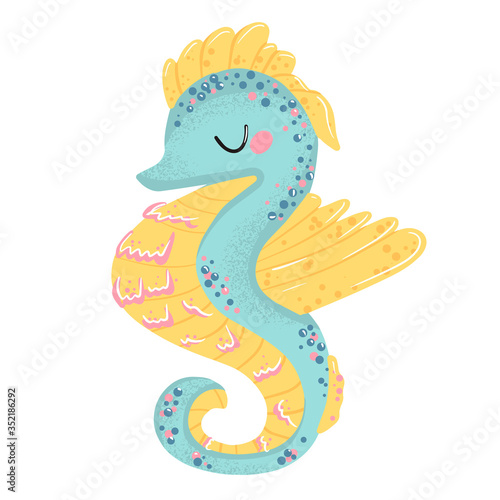 Cute cartoon blue seahorse. Isolated vector illustration. Handdraw doodle. Sea and ocean animals