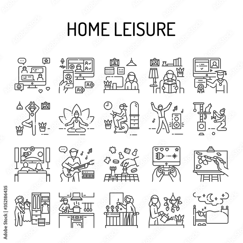 Home leisure black line icon. Homework and hobby: Dancing, Cleaning, Cooking, Yoga, E-learning. Vector isolated illustration. Editable stroke