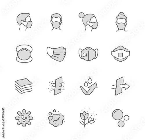 Simple Lined Face Mask Icons. Include such icons as Female, Surgery Mask, Virus, Dust and more.