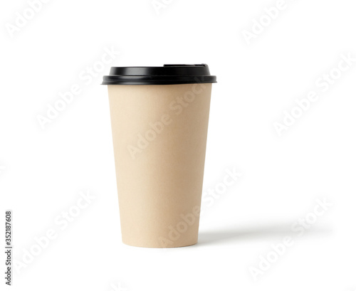 disposable hot drink paper cup with lid isolated on white background