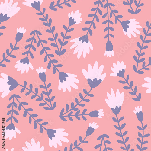 Pink vector seamless pattern. Stylized flowers amd leaves