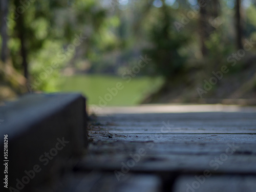 selective focus. wooden boardwalk near the lake surrounded by bare trees. Summer vacation background. Empty wooden pier with green lake in the background
