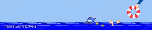 Global finance crisis drowns unfortunate manager. Businessman drowning,ask to help, hopes to support. Cartoon concept problem bankruptcy, risk debt protection, investment survival, insurance business