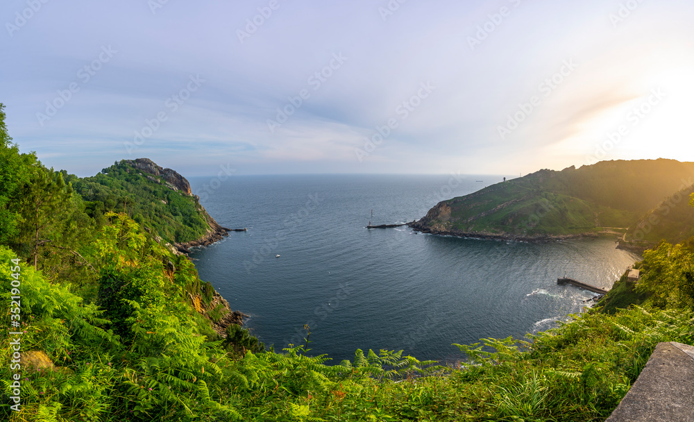 Panoramic of the bay of Pasajes from Monte Ulia of the city of San Sebastian at sunrise, Gipuzkoa. Basque Country