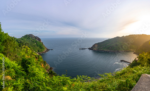 Panoramic of the bay of Pasajes from Monte Ulia of the city of San Sebastian at sunrise, Gipuzkoa. Basque Country