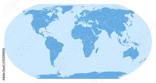 World map in Robinson projection (EPSG:54030). Detailed vector Earth map with countries’ borders and 5-degree grid.