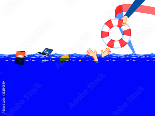 Global finance crisis drowns unfortunate manager. Businessman drowning,ask to help, hopes to support. Cartoon concept problem bankruptcy, risk debt protection, investment survival, insurance business