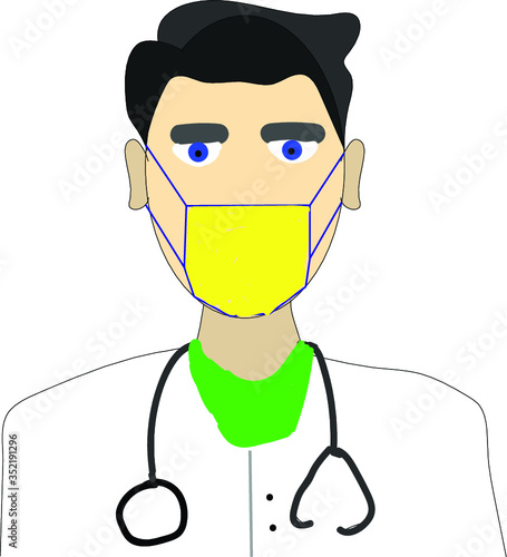 A doctor is wearing the face mask along with his lab coat and medical equipment.