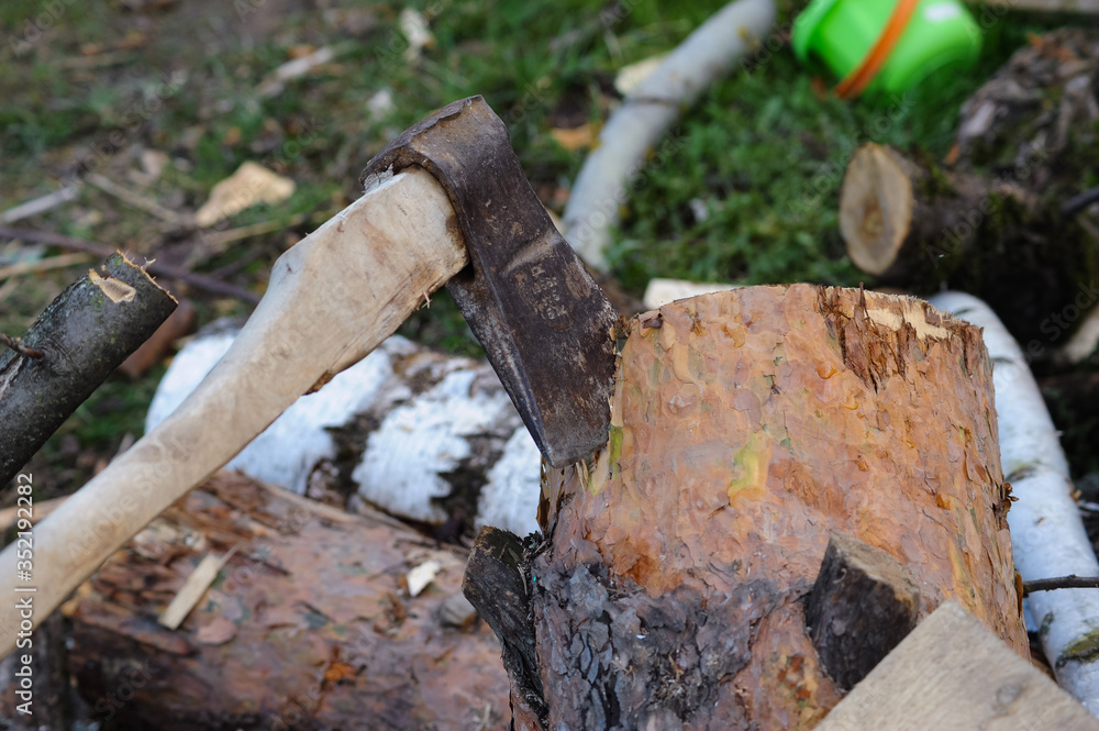 The axe on a log in the village The axe on a log in the village