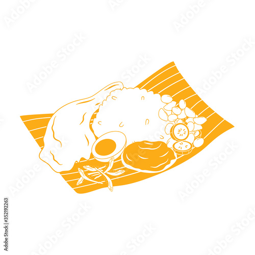 Hand drawn Malaysian nasi lemak outline isolated on white background. Malaysian national food. Asian food icon. Great for icon, symbol, logo, menu design.