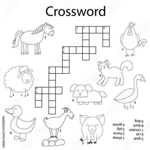 Solve the Crossword on the theme pets, crosswords puzzle game for children of any age. Activity worksheet rural animals printable version. Vector hand drawn illustration. Kids black and white activity