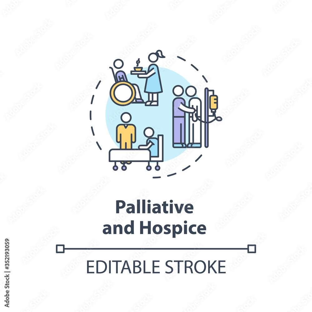 Palliative and hospice concept icon. Patient with chronical illness caregiving service idea thin line illustration. Social work. Vector isolated outline RGB color drawing. Editable stroke