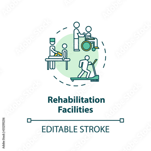 Rehabilitation facilities concept icon. Rehab clinical center. Physiotherapy thin line illustration. Medical rehabilitation. Vector isolated outline RGB color drawing. Editable stroke