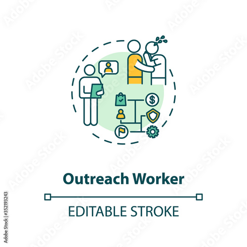 Outreach worker concept icon. Community service idea thin line illustration. Nonprofit organization. People emotional support. Vector isolated outline RGB color drawing. Editable stroke