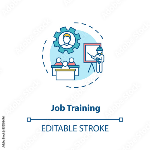 Job training concept icon. Professional education. Company employers mentoring thin line illustration. Career coaching service. Vector isolated outline RGB color drawing. Editable stroke
