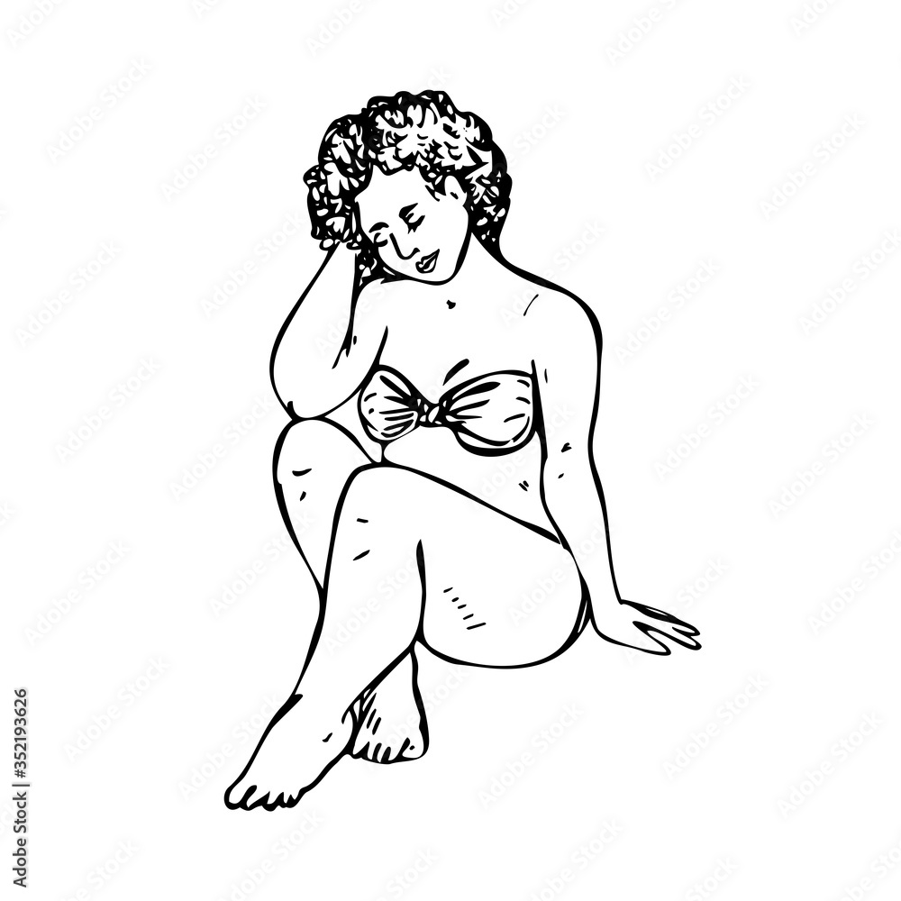 Girl plus size sitting in bikini, , hand drawn doodle, drawing in gravure style, sketch illustration Girl plus size sitting in bikini, , hand drawn doodle, drawing in gravure style, sketch illustration