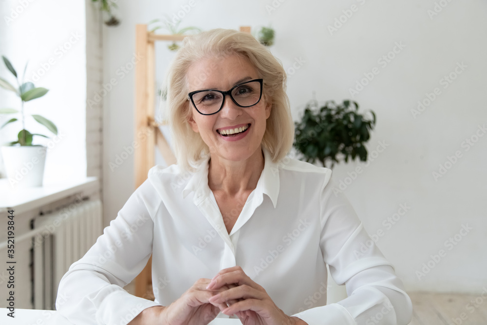 Headshot close up view of smiling middle-aged businesswoman in glasses have  video call with business client, happy mature female employee speak talk on  WebCam, engaged in web conference in office Stock Photo