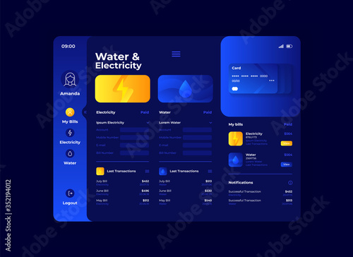 Water and electricity cost tablet interface vector template. Mobile app page night mode design layout. Utility bills screen. Flat UI for application. Finance and banking. Portable device display