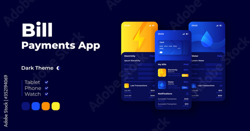 Bill payment cartoon smartphone interface vector templates set. Mobile app screen page night mode design. Online money management. UI for application. Phone display with flat objects