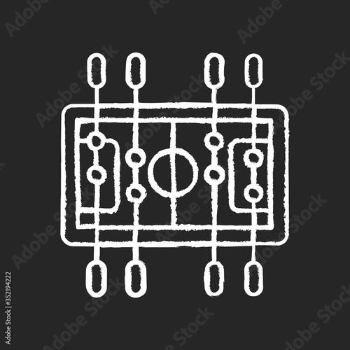 Table soccer chalk white icon on black background. Traditional friendly party recreational activity. Competitive bar, pub game. Miniature football table isolated vector chalkboard illustration