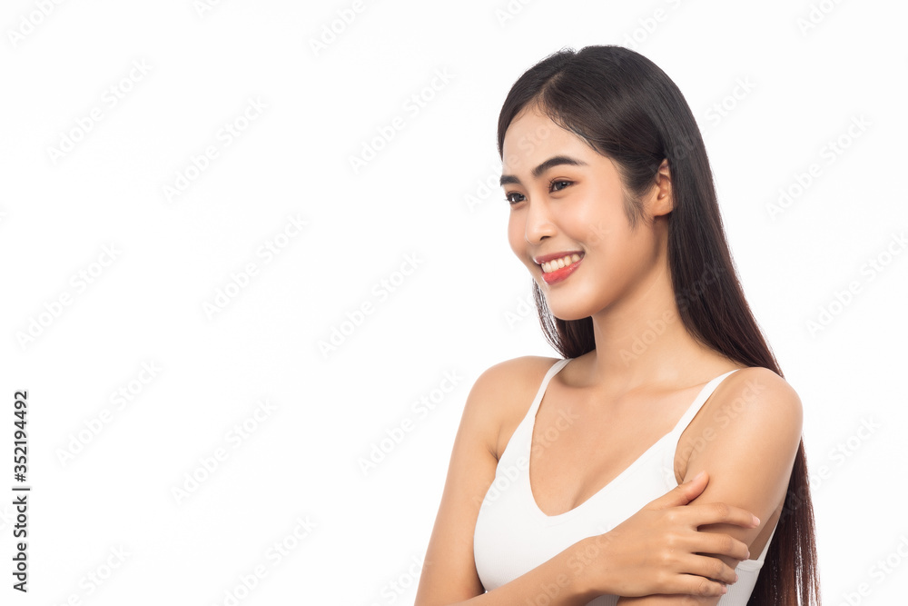 Beautiful Young Asian woman with clean fresh skin. Facial treatment, Cosmetology, Beauty and skin care concept. Girl beauty face isolated on white background. Beautiful Young Asian woman with clean fresh skin. Facial treatment, Cosmetology, Beauty and skin care concept. Girl beauty face isolated on white background.