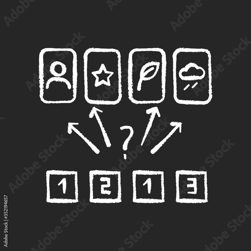 Guess the picture chalk white icon on black background. Entertaining logical game, friendly competitive challenge. Family party activity, finding matches. Isolated vector chalkboard illustration