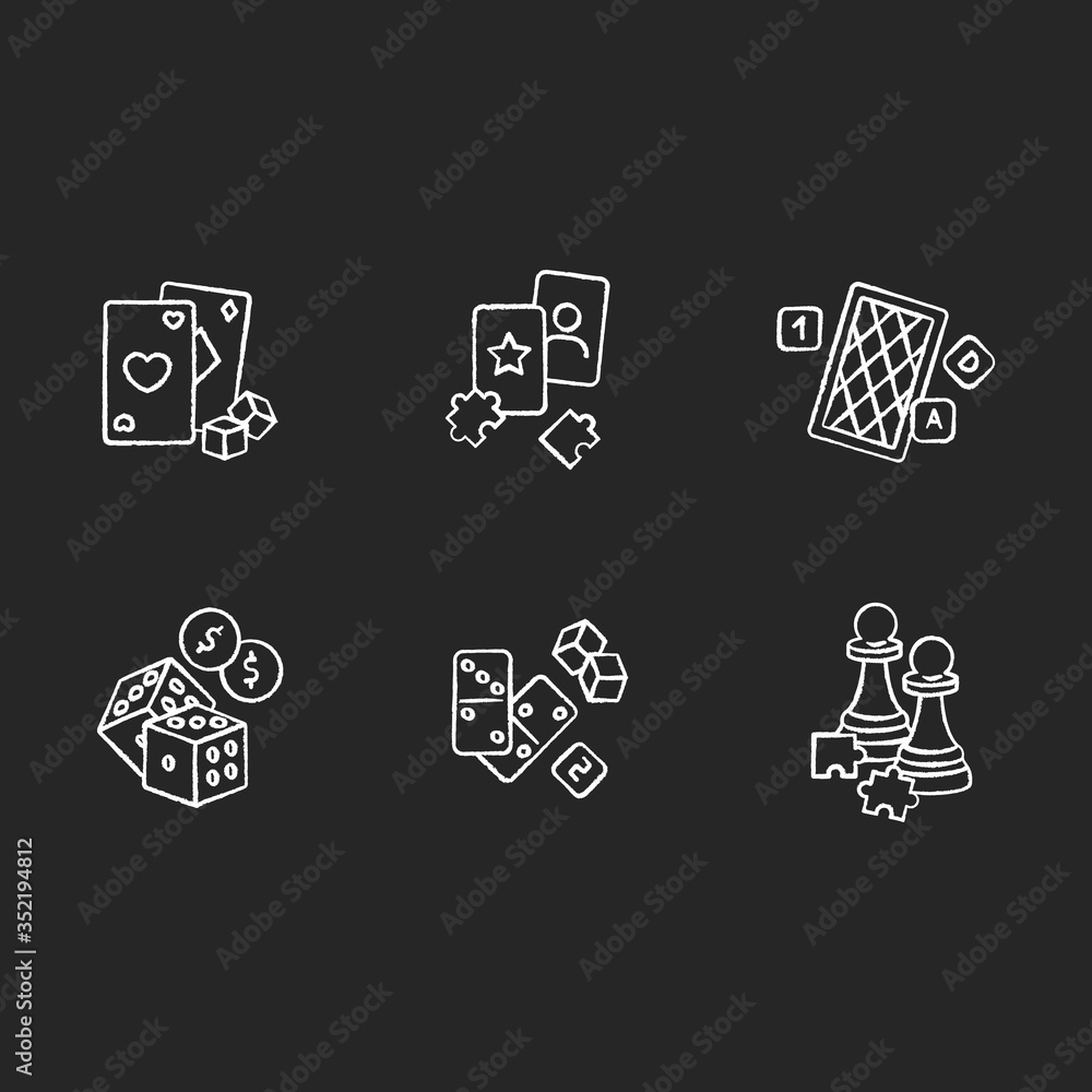 Gambling and intellectual games chalk white icons set on black background. Entertainment. Games of chance and logic. Cards, dominoes, puzzles and chess. Isolated vector chalkboard illustrations