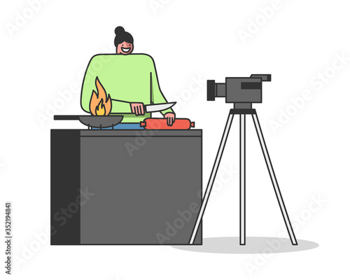 Food blogger recording cooking video. Cartoon female creating vlog or live stream cooking