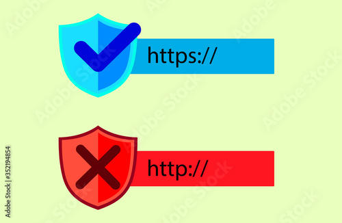 http and https protocols on shield. Safe and Secure https. Secured ssl shield and padlock symbols.