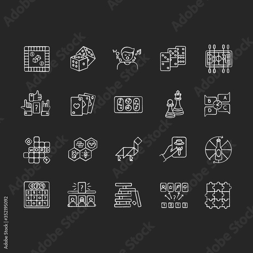Table games chalk white icons set on black background. Amusing and educational games, entertaining pastime. Traditional fun time, party night activities. Isolated vector chalkboard illustrations
