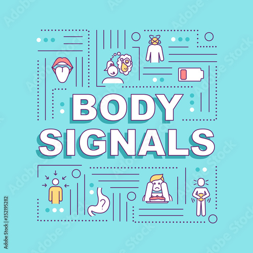 Body signals word concepts banner. Hunger and appetite senses, digestive upset. Infographics with linear icons on blue background. Isolated typography. Vector outline RGB color illustration