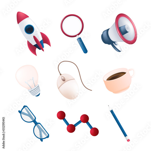 Vector stationery or office items set with flying rocket, science element, megaphone, magnifying glass, computer mouse, coffee mug, pencil, light bulb, glasses isolated on white background