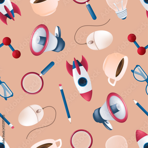 Seamless pattern with flying rocket, science element, megaphone, magnifying glass, computer mouse, coffee mug, pencil, light bulb, glasses. Vector illustration for print on textile or wrapping paper